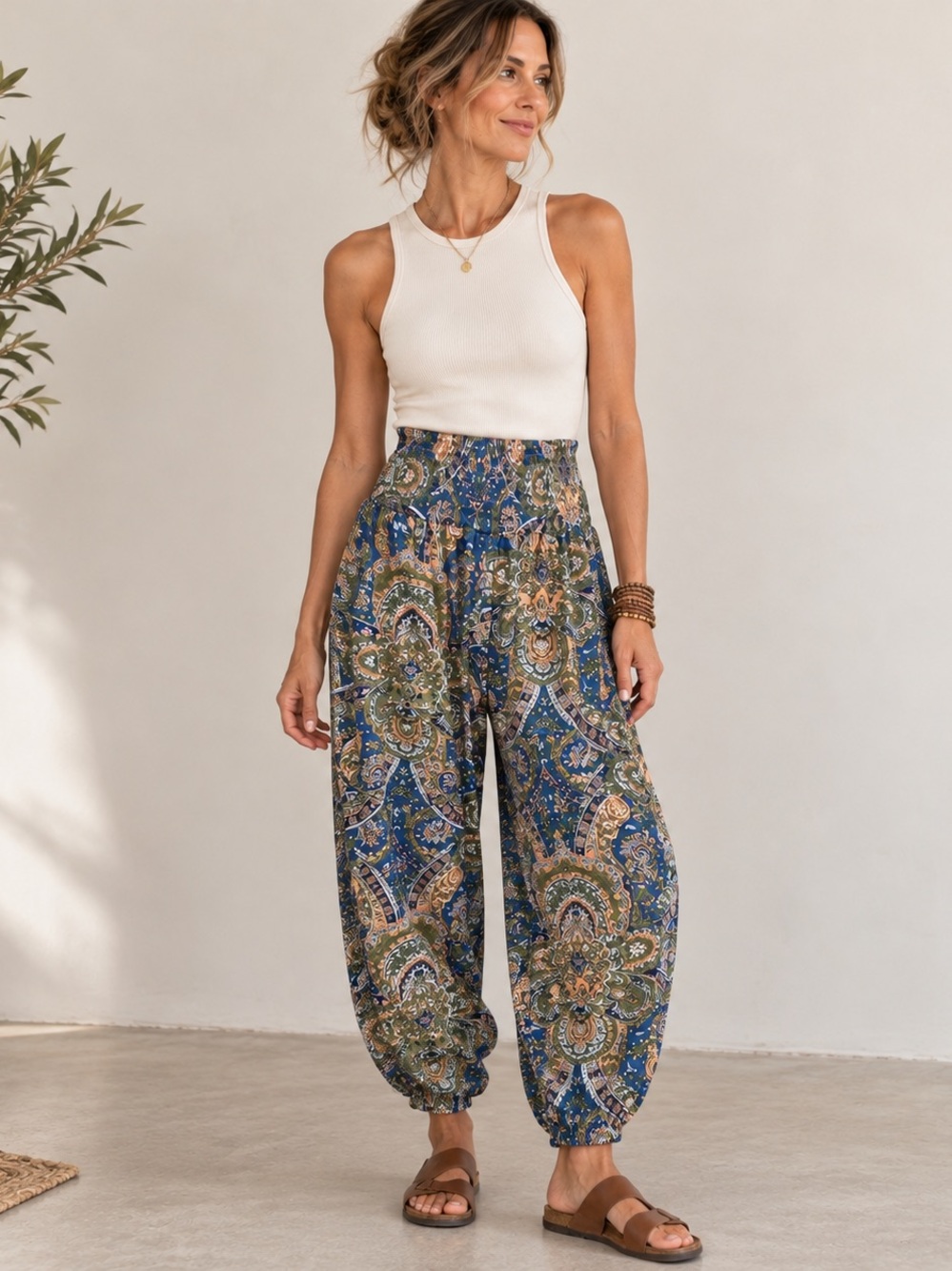 Gorman Paisley Smocked Waist Harem Pants